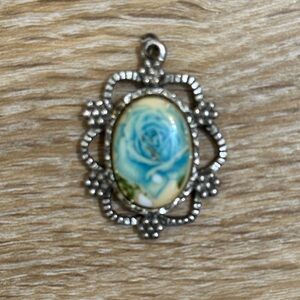Antique Vintage Silver Pendant with Blue Rose Design